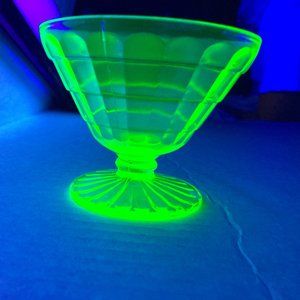 One (1) Vintage Green Uranium "Block Optic" Depression Glass Champagne/Sherbet